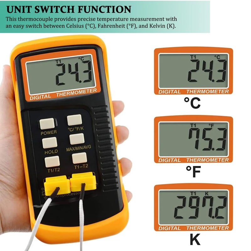 Drphiru K Type Thermocouple Thermometer Dual Channels Thermocouple Tester (-58~2372°F) High Accuracy Temperature Kelvin Scale Meter with 2X Temperature Clamp & 2X Pipe Thermocouple Probes - Image 3